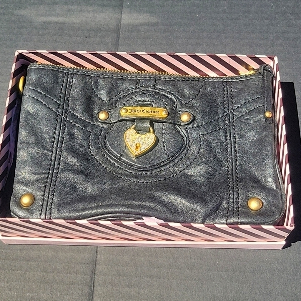 Y2k Vintage Juicy Couture Black Leather Wristlet Clutch Rhinestone Lock